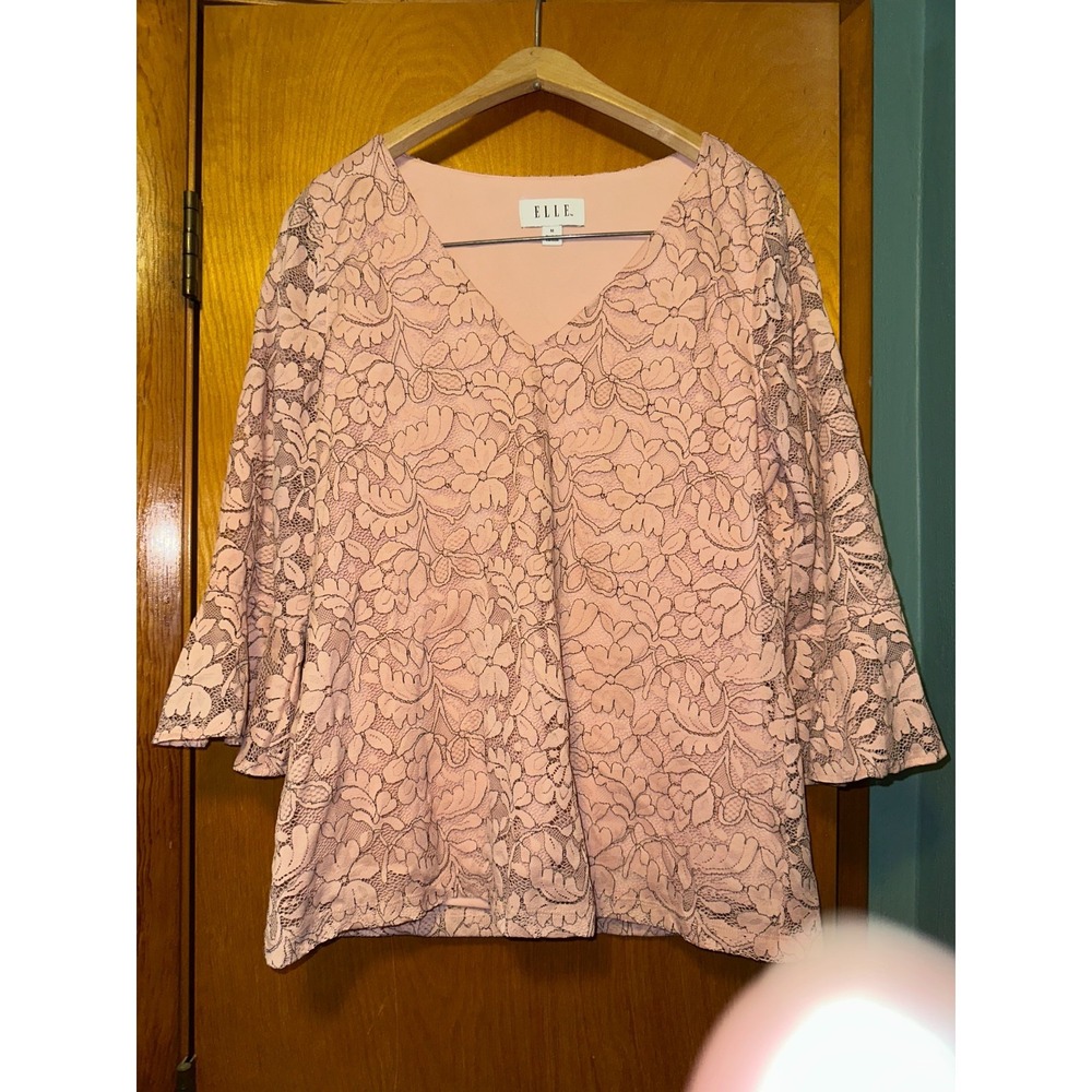 Elle‎ Womens Ladies Pink 3/4 Sleeve Lace Overlay Top Size Medium